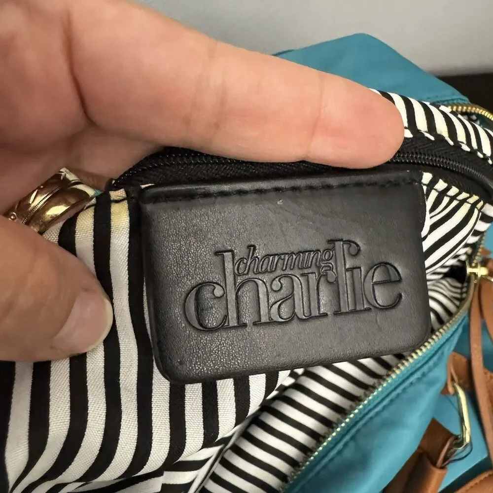 Charming Charlie Turquoise Nylon Convertible Shoulder Bag Tote Striped Lining